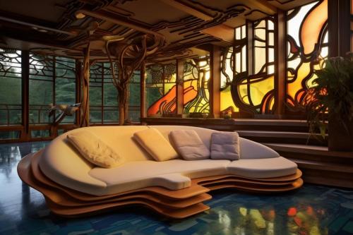 art nouveau ai generated architecture interior design stained glass and sofa