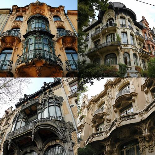 Midjourney V6, a grid of 4 photorealistic close-up art nouveau revival building photos