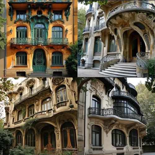 Midjourney V6, a grid of 4 photorealistic close-up art nouveau revival building photos