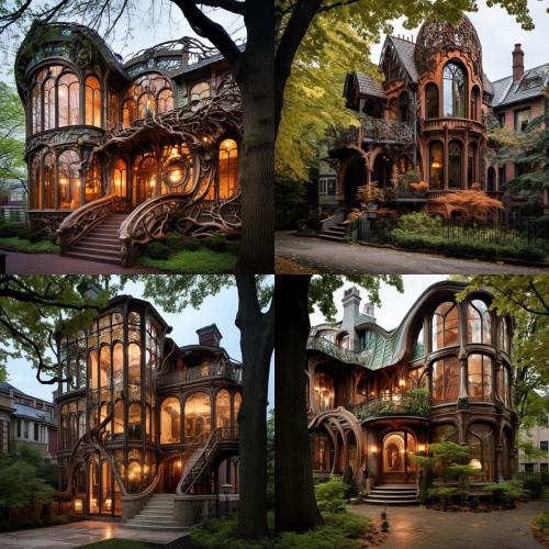 art nouveau architecture made of gnarled wood with warm orange lighting, inspired by trees