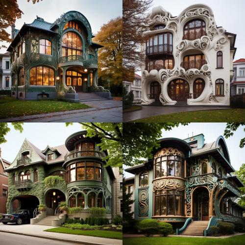 art nouveau facade ideas, simple prompt as part of a study on prompt engineering