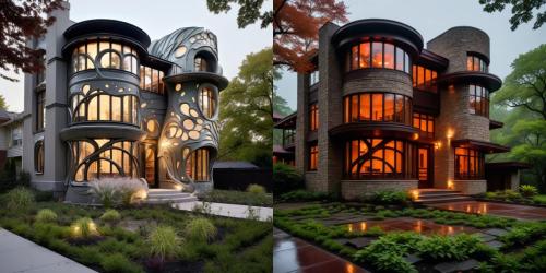 side by side building comparison, art nouveau to Usonian restylize - alpaca chroma AI rendering