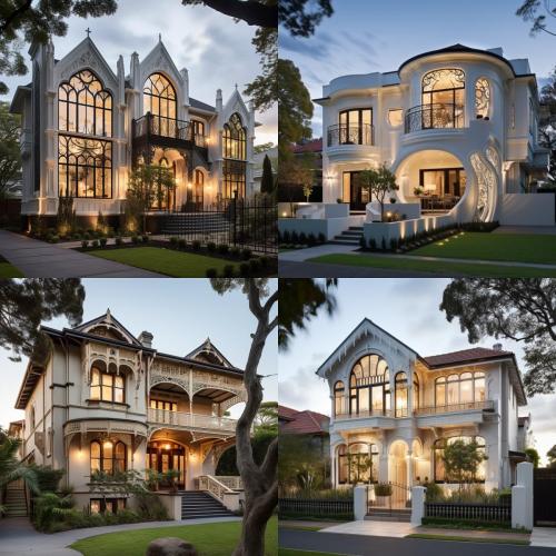 AI workflow study showing the exterior of four art nouveau revival homes with modern sensibilities, more traditional and photoreal