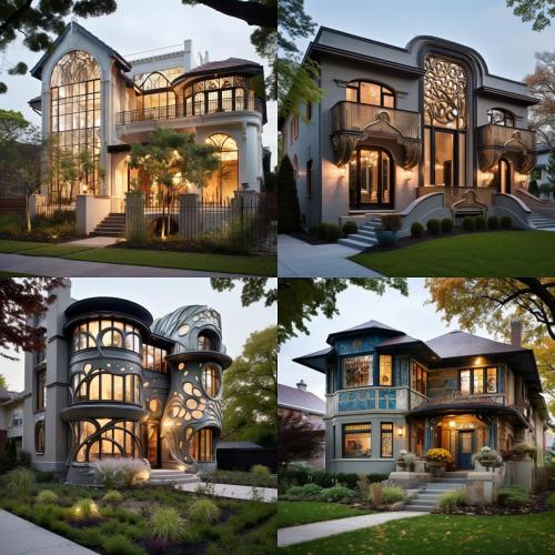 prompt benchmark for an A.I. workflow study showing the exterior of four art nouveau revival homes with modern sensibilities