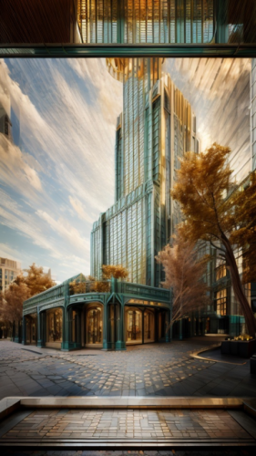 A green skyscraper made in PromeAI, AI workflows