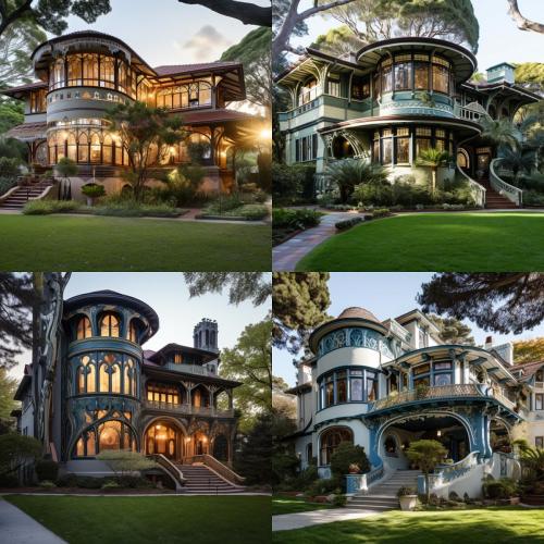 four art nouveau homes inspired by butterflies and trees, biophilic design made in midjourney, part of a series on prompt engineering