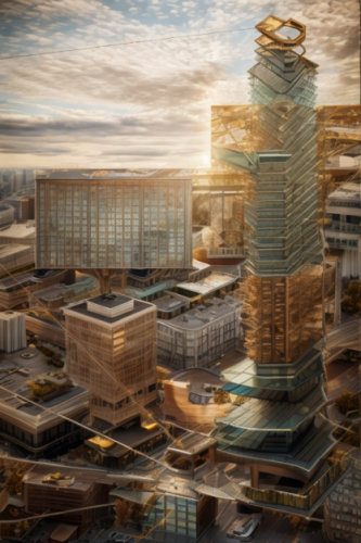 A green skyscraper made in PromeAI, aerial view, surreal image