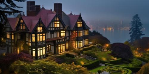 dark autumn tudor mansion by the bay