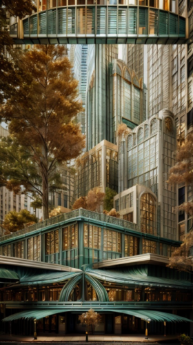 A green skyscraper made in PromeAI, AI workflows