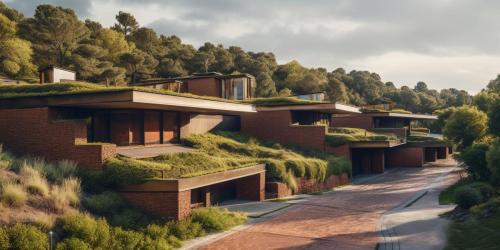 Row of usonian rowhouses sunken into the hillside