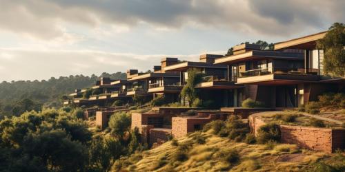 Row of usonian rowhouses cantilevering over a hillside