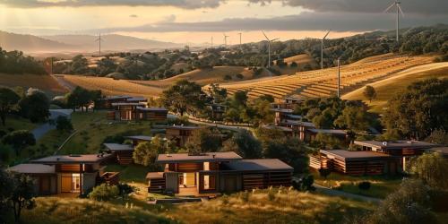 Village of small Usonian homes among rolling California Hills