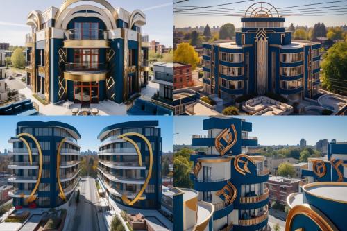 vibrant art deco mid rise buildings, playful shapes, subtle japandi