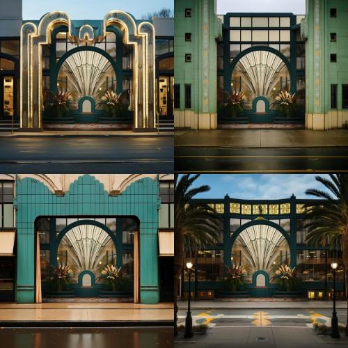 exterior photo of an art deco building around a seashell inspired window, green tile and lacquer, unique facades