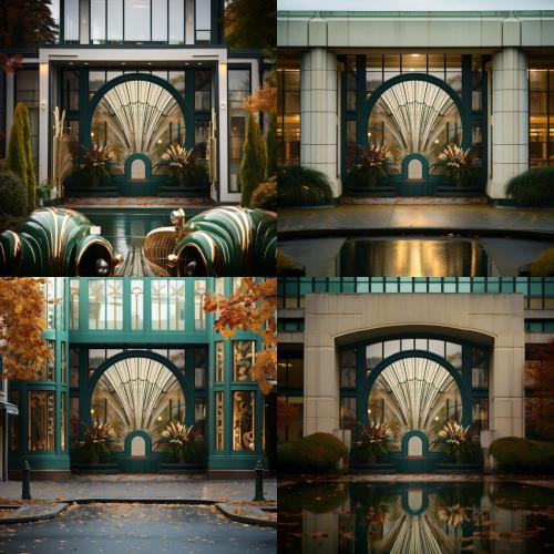 exterior photo of an art deco building around a seashell inspired window, concrete and green lacquer and green tile