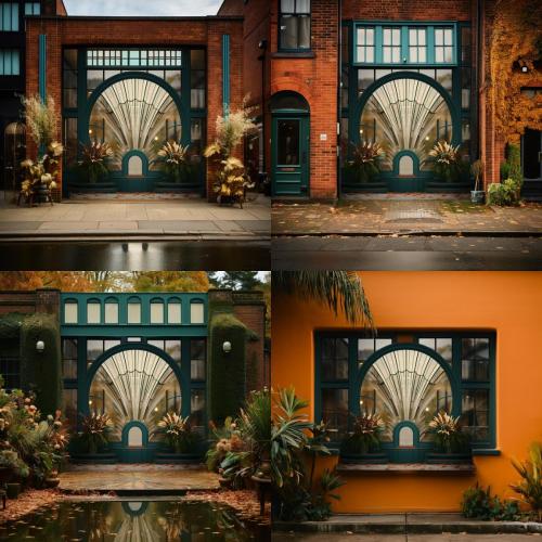 exterior photo of an art deco building around a seashell inspired window, warm tones fall colors