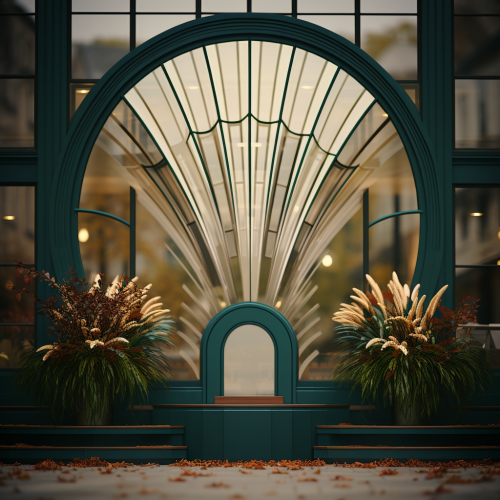 exterior photo of an art deco window, art deco with subtle japandi influence