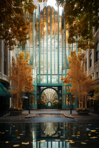 Serene art deco japandi mid-rise tower photo with fall colors and centerpiece clamshell window