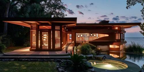 Usonian-inspired Florida bungalow with perforated brise soleil