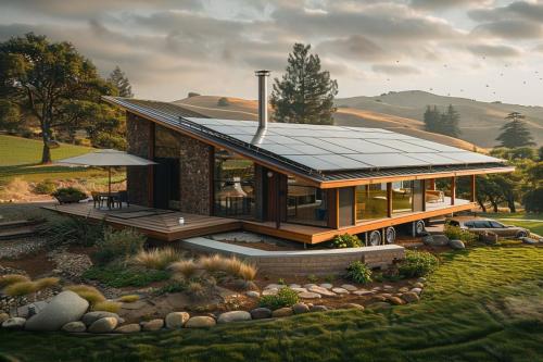 Small Usonian home perched on a hill in California, modular tinyhome with shed roof and solar panels
