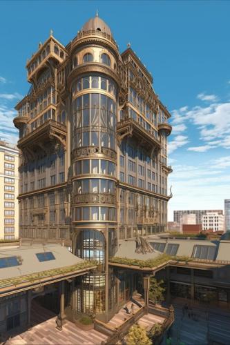 Office tower inspired by the 1900 Exposition Universelle made of wood and brass, generative ai architecture, art nouveau revival 2