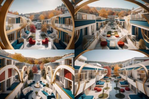 art deco japandi motel layout, teal and white and gold