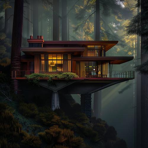 Wooded Mountainside Usonian - Cantilevered into the mist