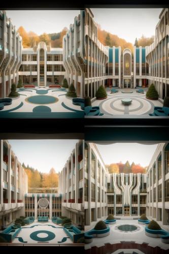 midjourney image chain prompting example - hazy autumn office complex in an art deco style