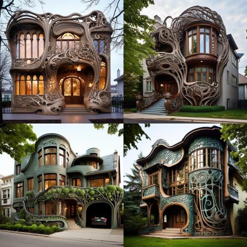 art nouveau revival architecture with stunning ornamentation, sinuous curves, and one with an ornate topiary, part of a series on prompt engineering for better midjourney results