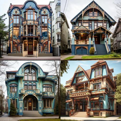 colorful victorian-ish style architecture, inspired by art nouveau with no biophilic motifs