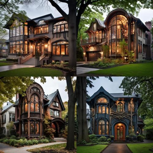 art nouveau architecture made of gnarled wood with warm orange lighting, inspired by trees, more photoreal and traditional with glass and brick