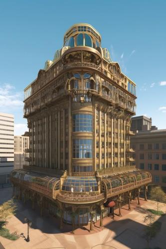 Office tower inspired by the 1900 Exposition Universelle made of wood and brass, generative ai architecture, art nouveau revival 1