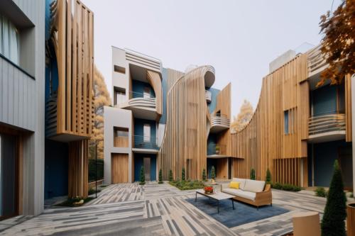 art deco japandi apartment courtyard ai architecture, vertical wood slat motif