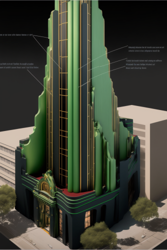 midjourney v4 3d model of a green glazed terra cotta tower with black podium