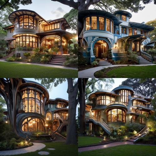 four art nouveau homes inspired by tree trunks and peacocks, biophilic design made in midjourney, part of a series on prompt engineering
