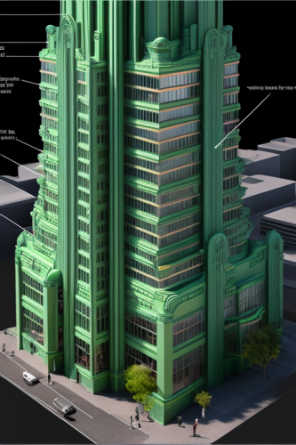 midjourney v4 3d model of a green glazed terra cotta office tower