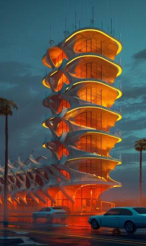 A stylized photo of an alien googie style building with a tower inspired by vertebrae